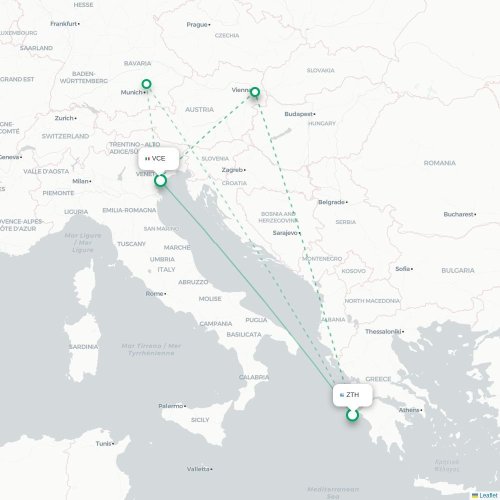 Zakynthos - Venedig karta över direktflyg