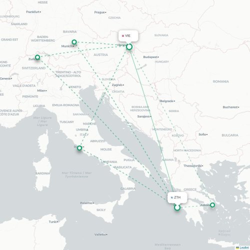 Zakynthos - Wien karta över direktflyg