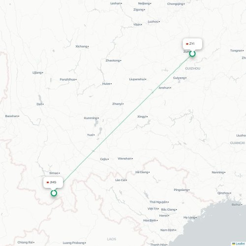 Mapa lotu bezpośredniego Zunyi – Xishuangbanna