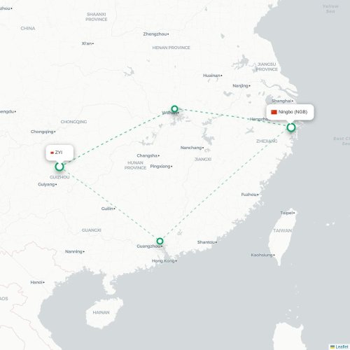 Mapa lotu bezpośredniego Zunyi – Ningbo