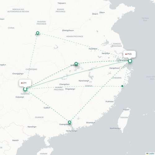 Mapa lotu bezpośredniego Zunyi – Szanghaj
