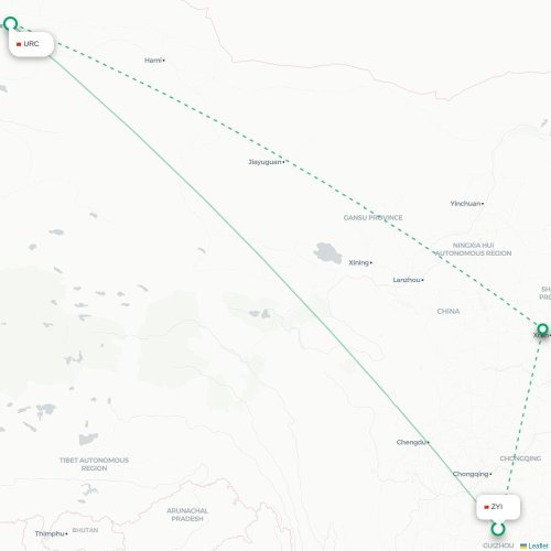 Mapa lotu bezpośredniego Zunyi – Urumczi