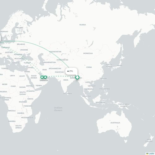 Sylhet - Manchester karta över direktflyg