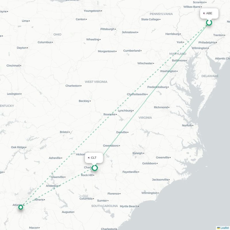 ABE - CLT route map
