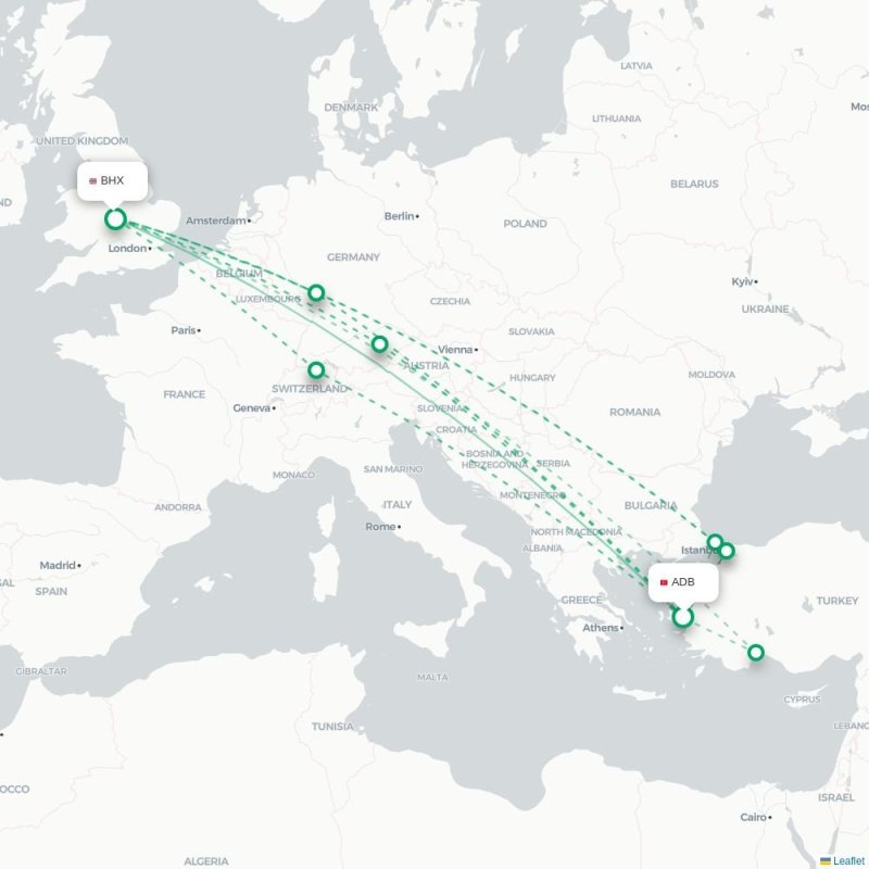 ADB - BHX route map