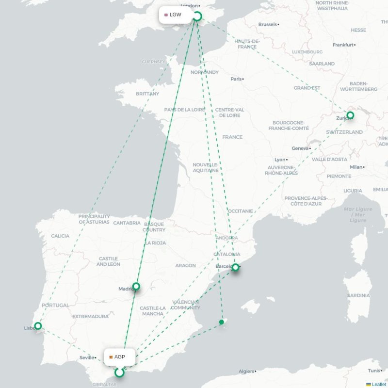 AGP - LGW route map