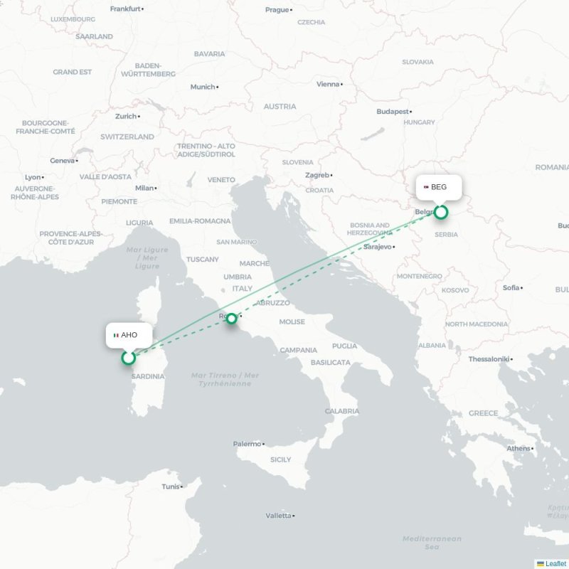 AHO - BEG route map