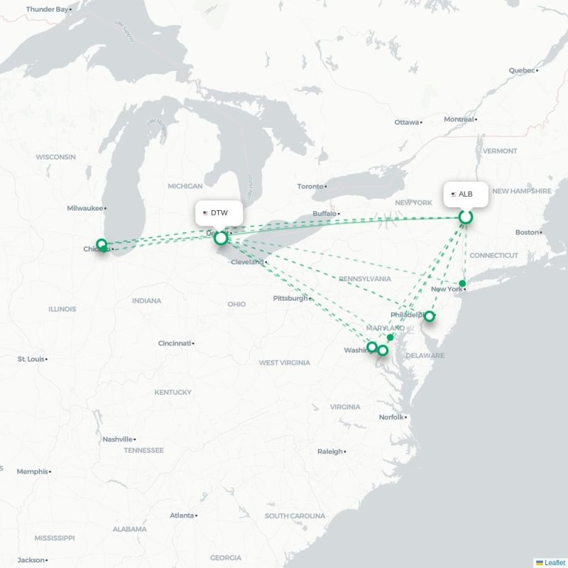 ALB - DTW route map