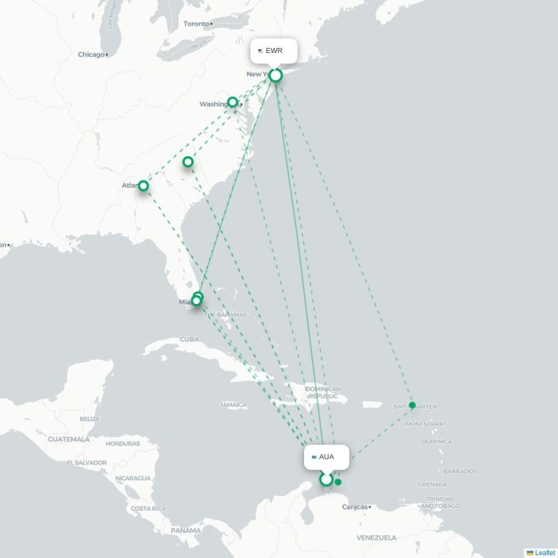 AUA - EWR route map
