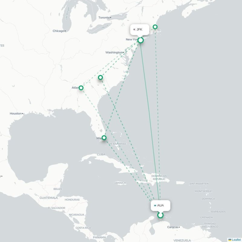 AUA - JFK route map