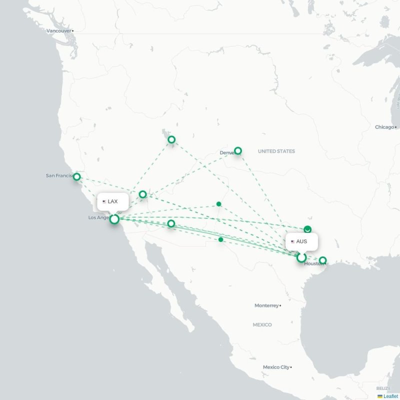 AUS - LAX route map