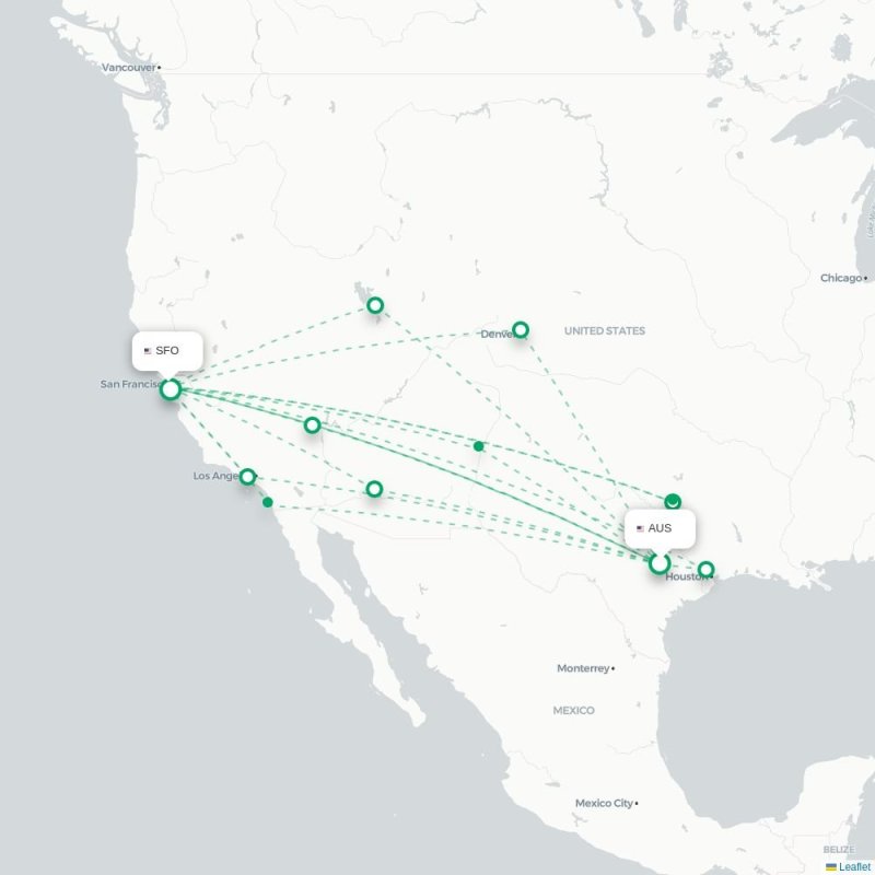 AUS - SFO route map