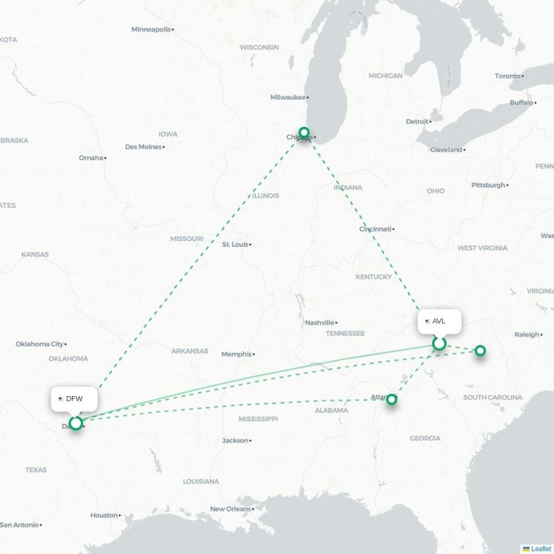 AVL - DFW route map