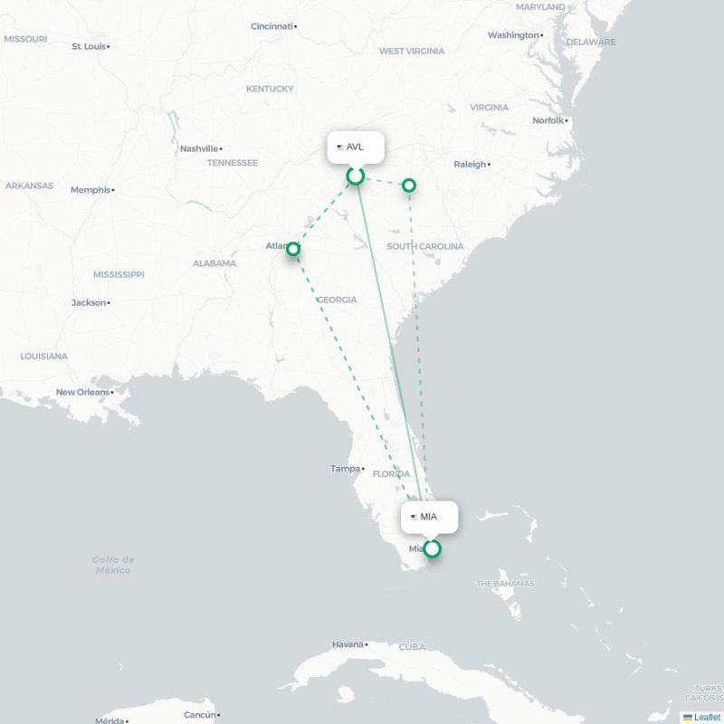 AVL - MIA route map