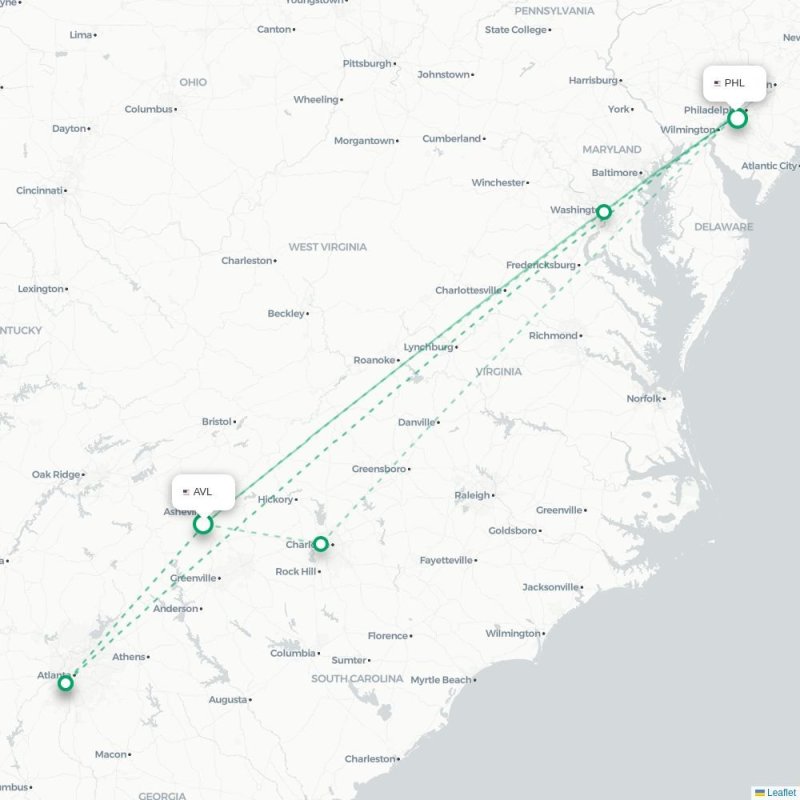 AVL - PHL route map