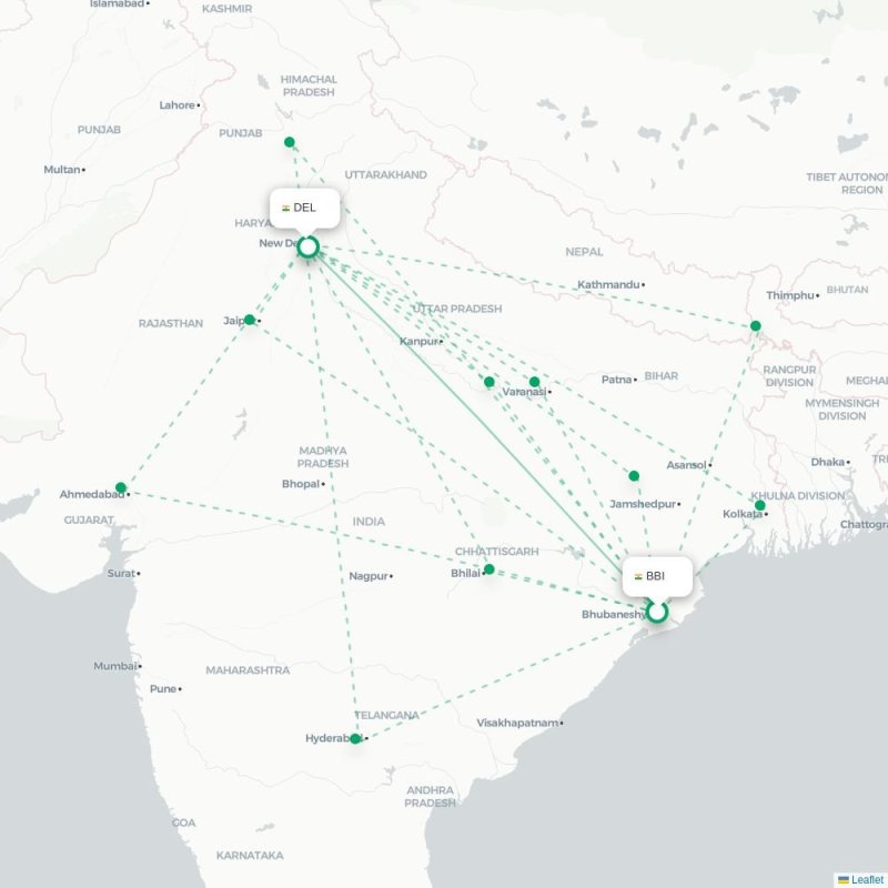 BBI - DEL route map
