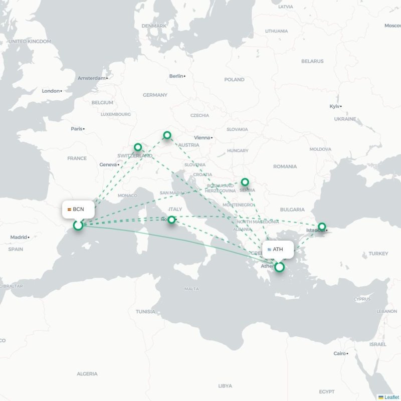 BCN - ATH route map