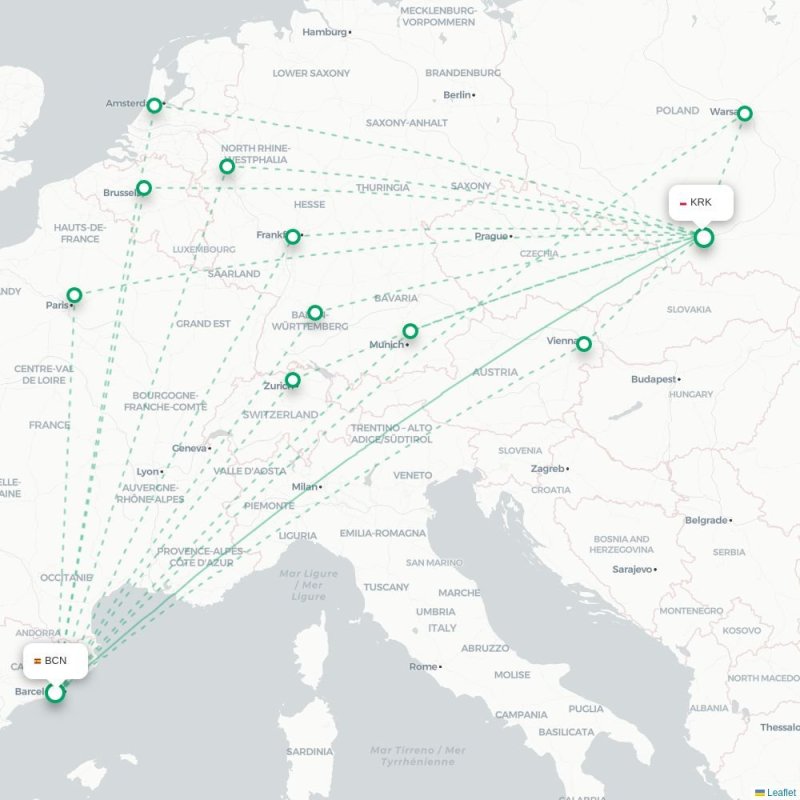 BCN - KRK route map