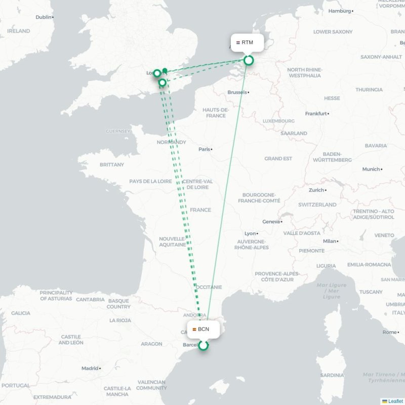 BCN - RTM route map