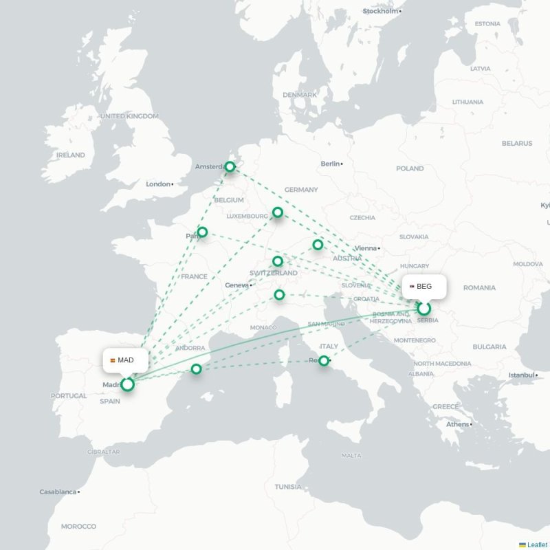 BEG - MAD route map