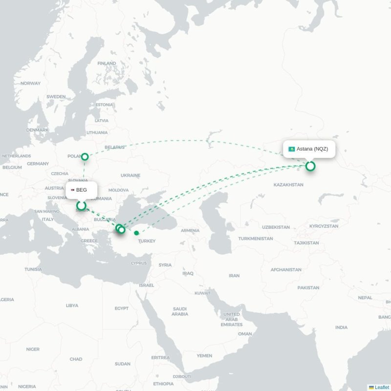 BEG - NQZ route map