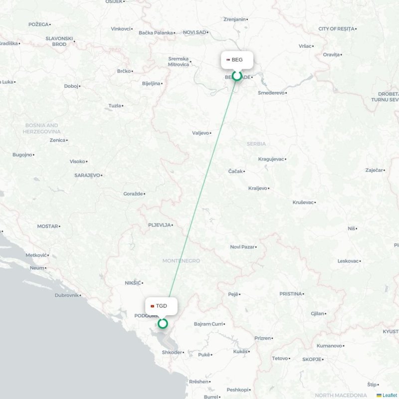 BEG - TGD route map