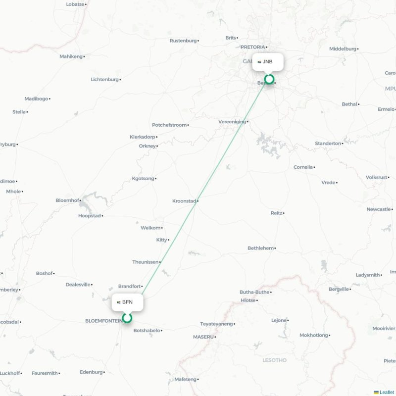 BFN - JNB route map
