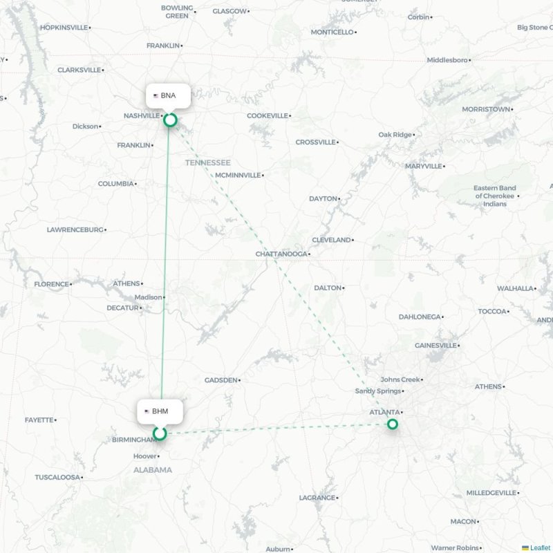 BHM - BNA route map
