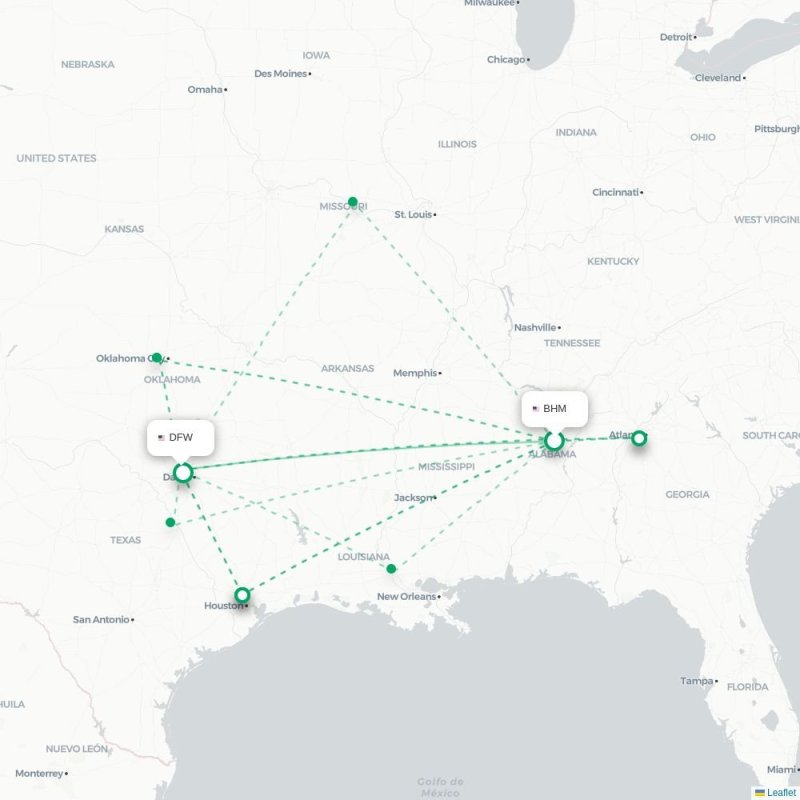BHM - DFW route map