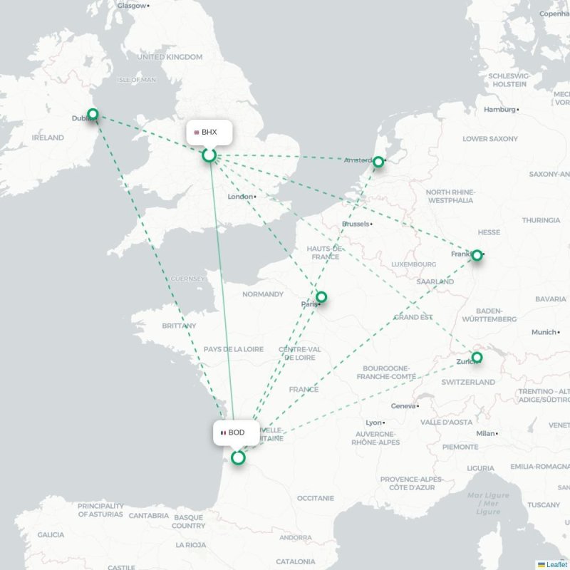 BHX - BOD route map