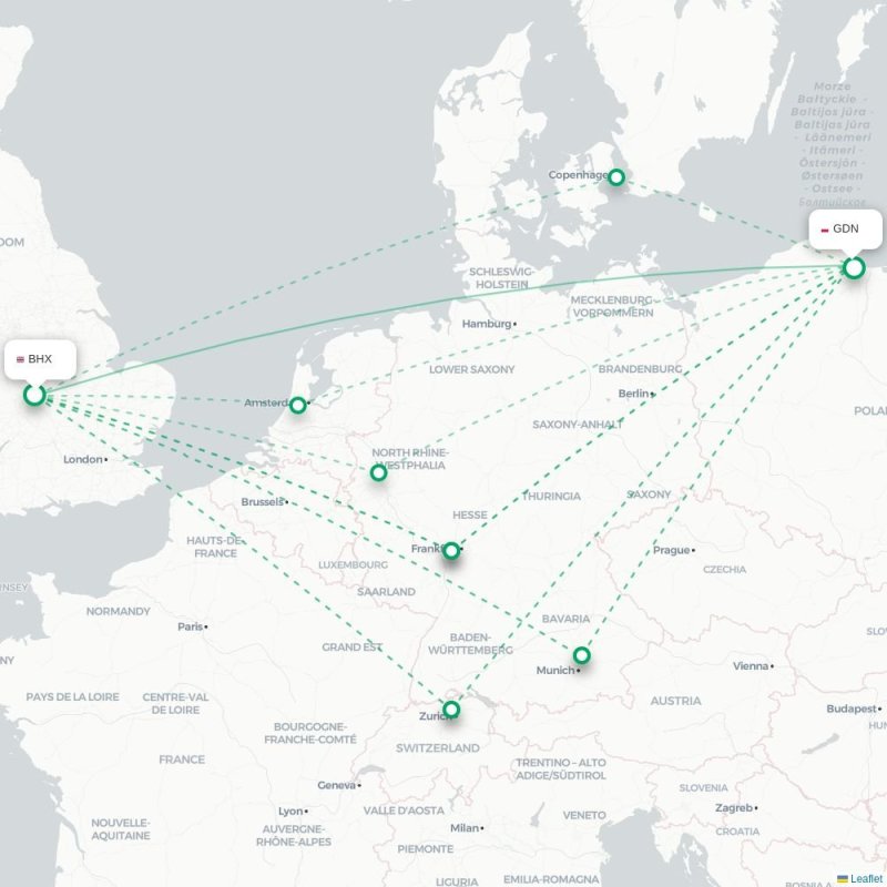 BHX - GDN route map