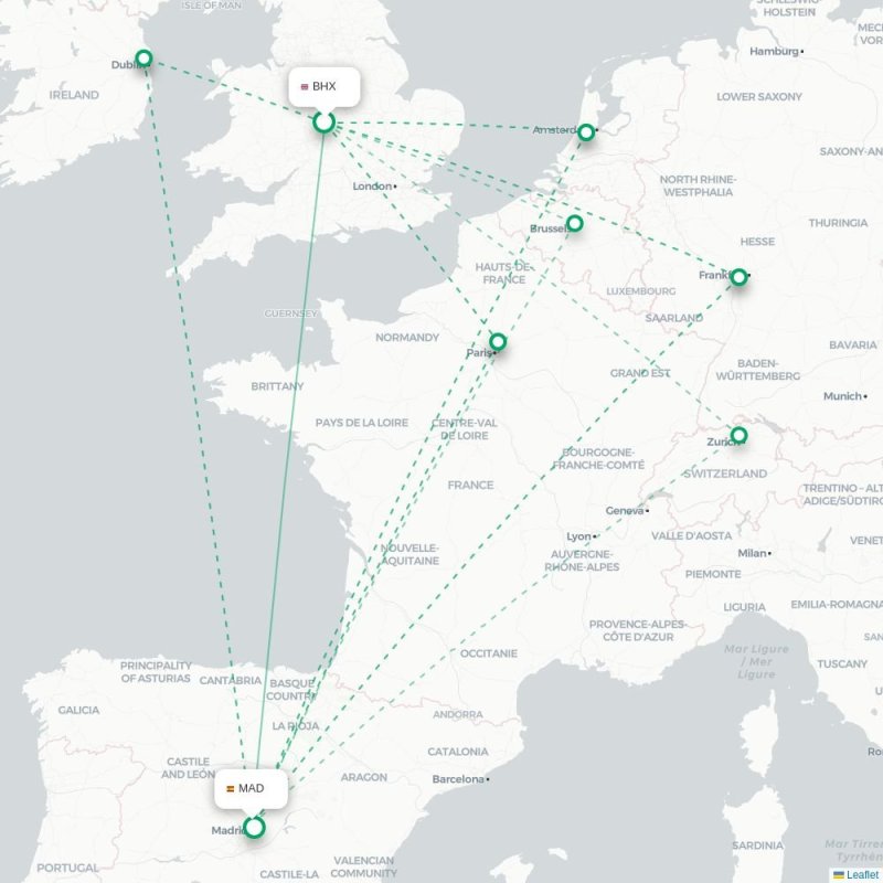 BHX - MAD route map