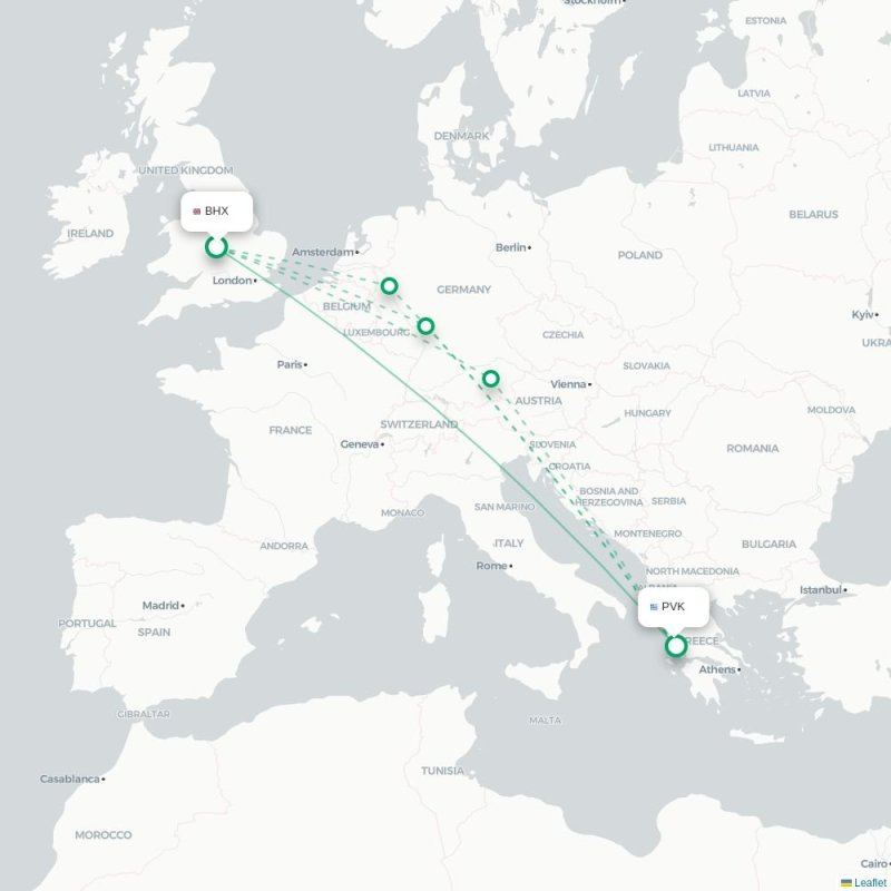 BHX - PVK route map