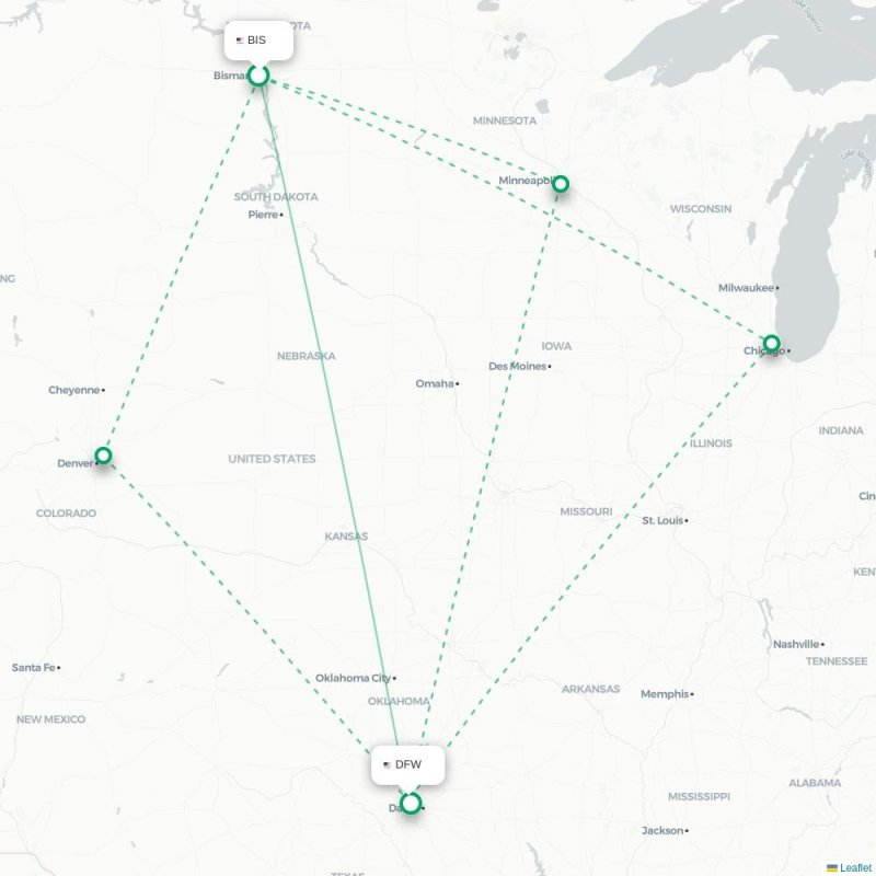 BIS - DFW route map