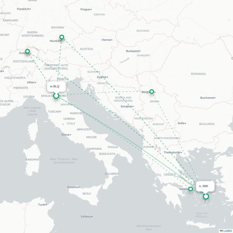 BLQ - JMK route map