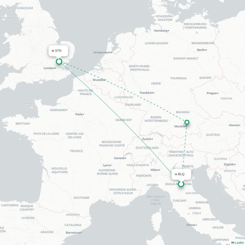 BLQ - STN route map