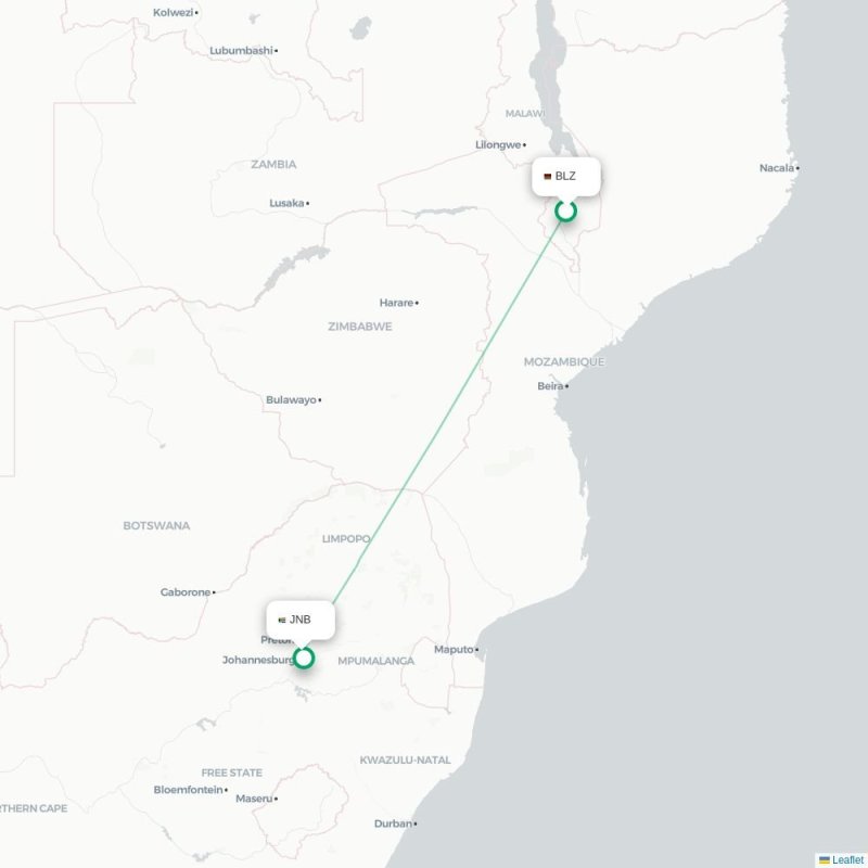 BLZ - JNB route map