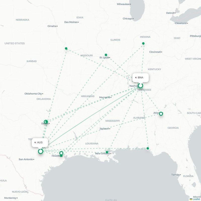 BNA - AUS route map
