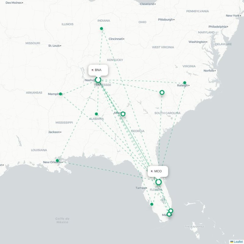 BNA - MCO route map