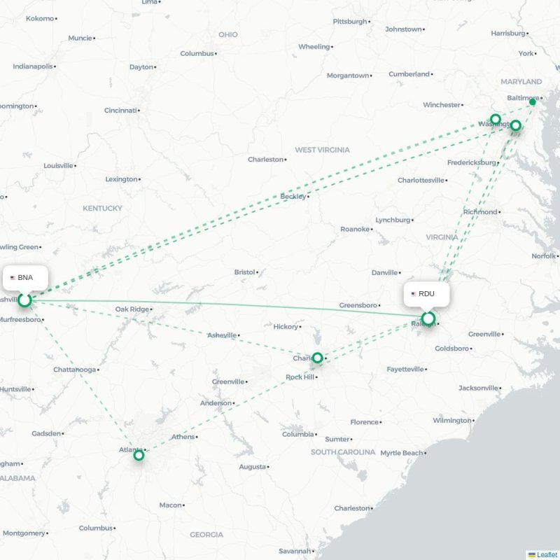BNA - RDU route map