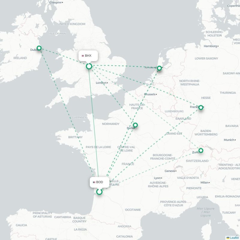 BOD - BHX route map