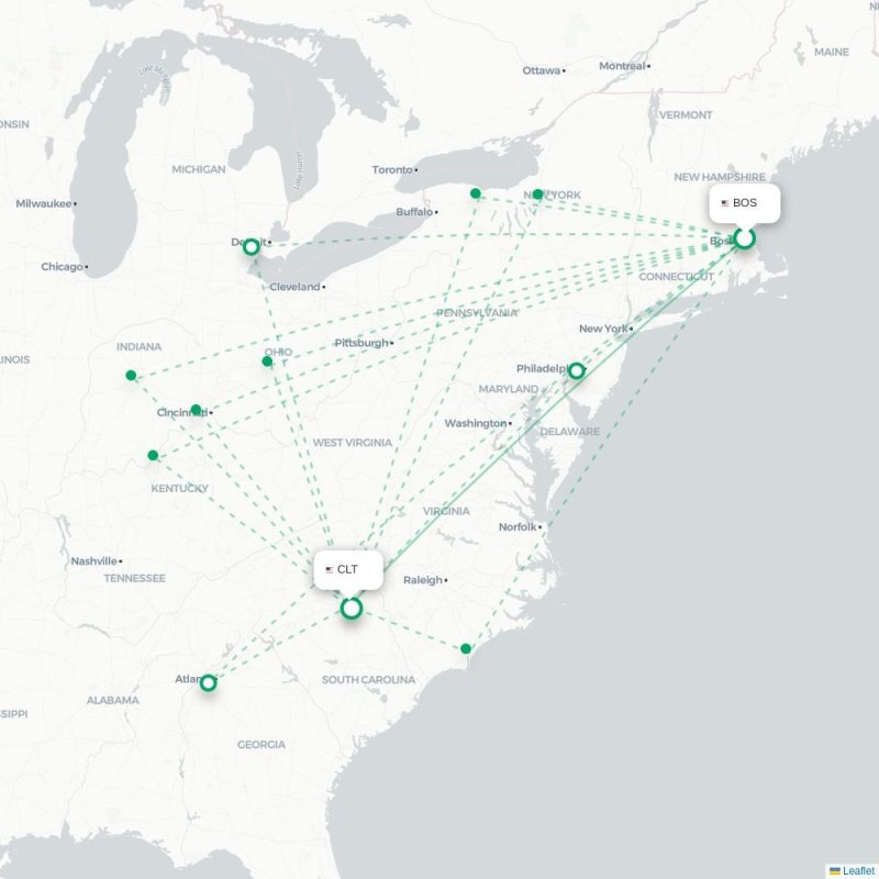 BOS - CLT route map