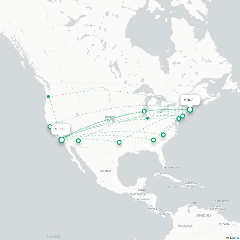 BOS - LAX route map