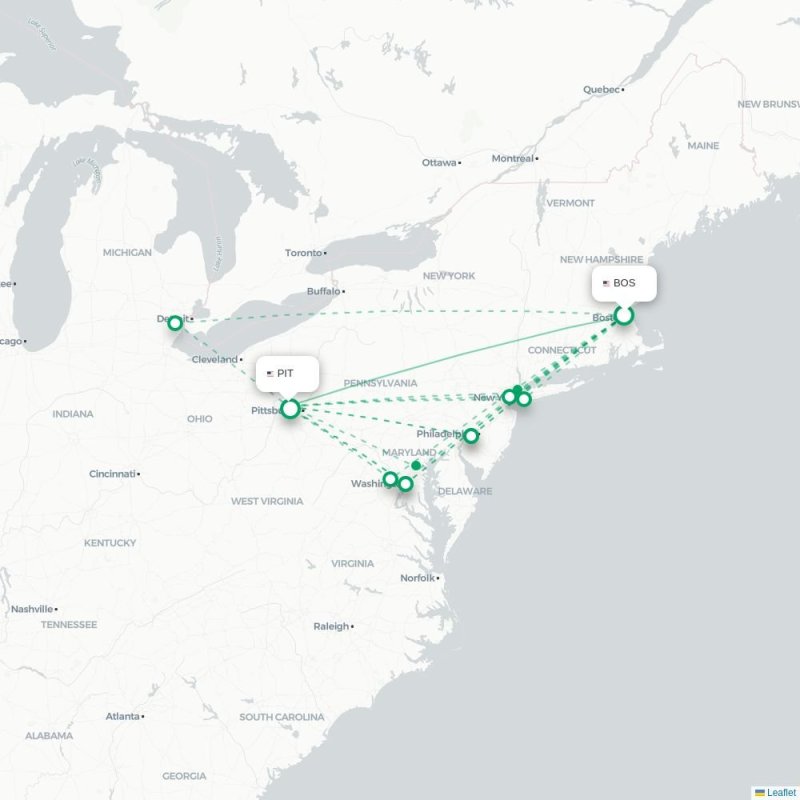BOS - PIT route map