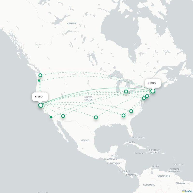BOS - SFO route map