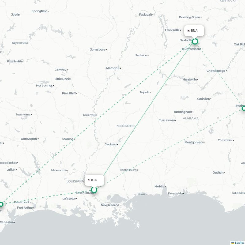 BTR - BNA route map