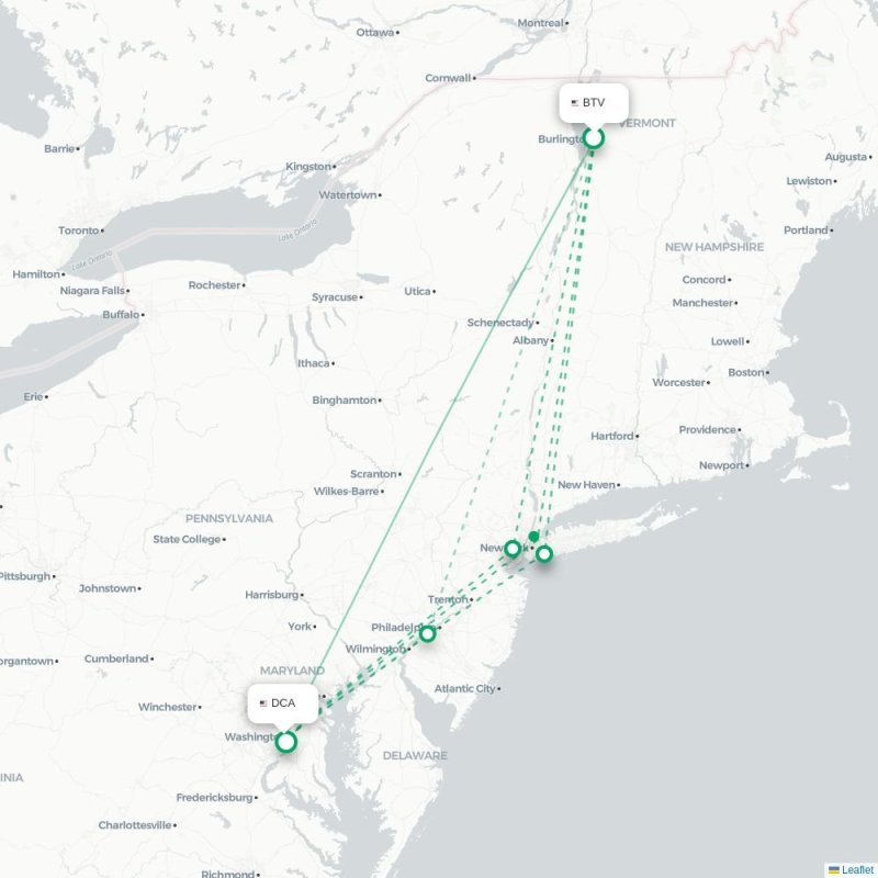 BTV - DCA route map