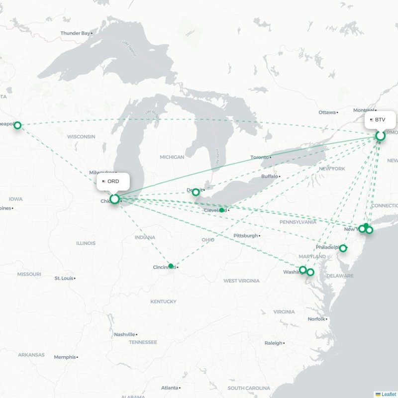 BTV - ORD route map
