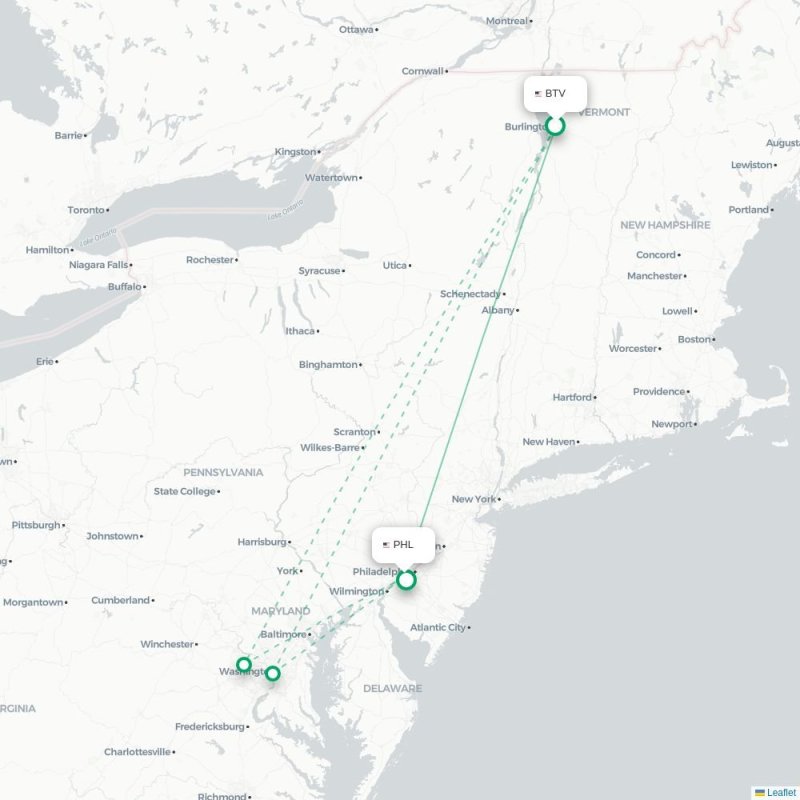BTV - PHL route map