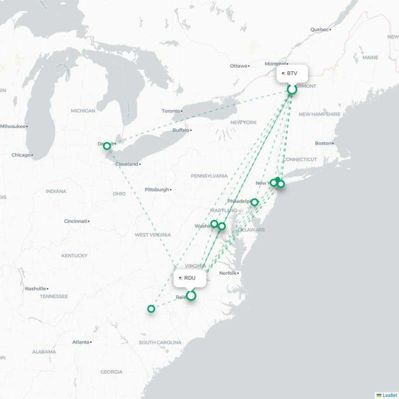 BTV - RDU route map